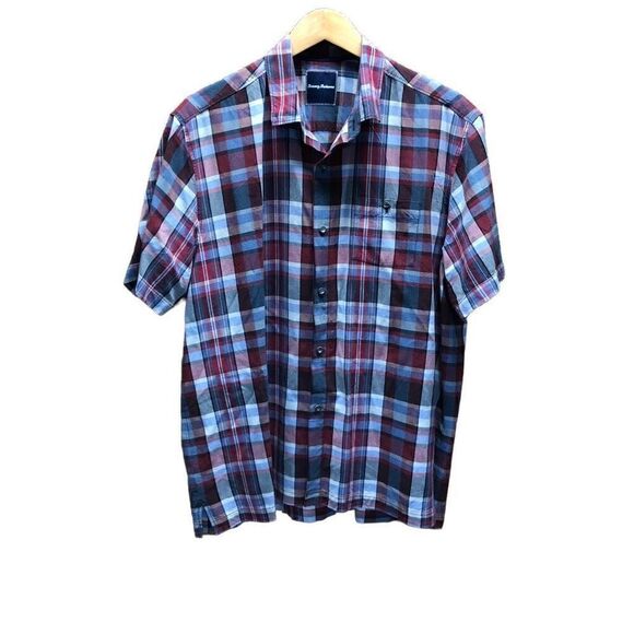Tommy Bahama Size Large (L) 100% Silk Red White and Blue Plaid - Picture 1 of 5